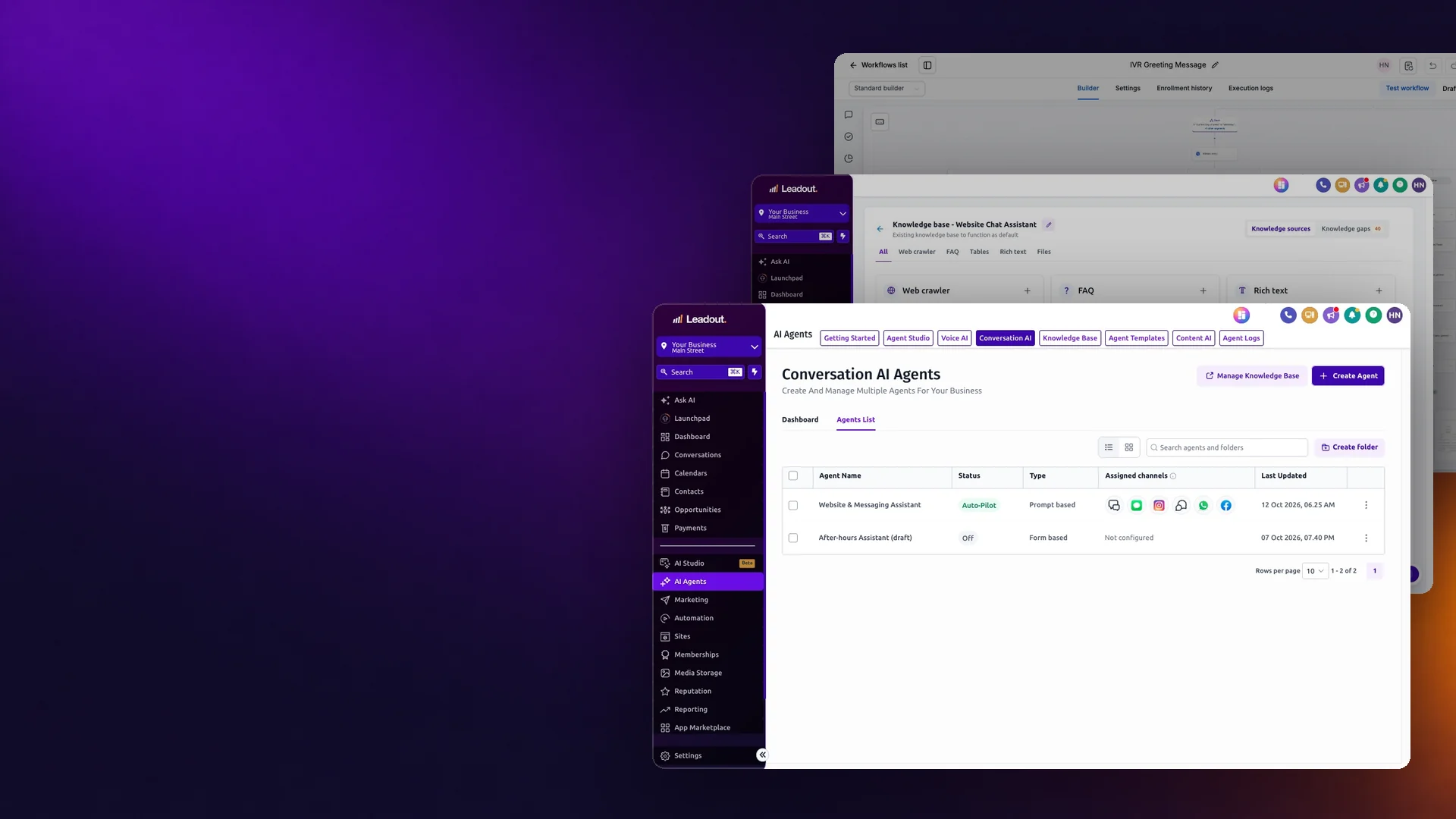 An AI front desk: chat agents, chatbot training sources and a phone menu builder